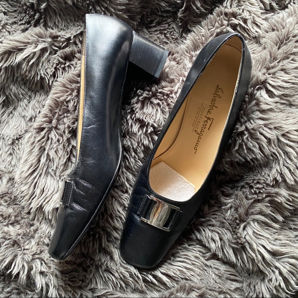 Salvatore Ferragamo Vintage Black Square Toe Heels